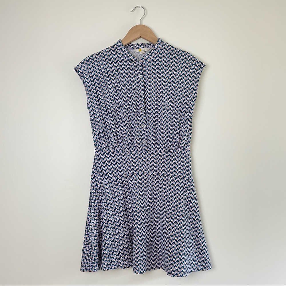 Boden Navy & White Printed Cap-Sleeve Mini Dress